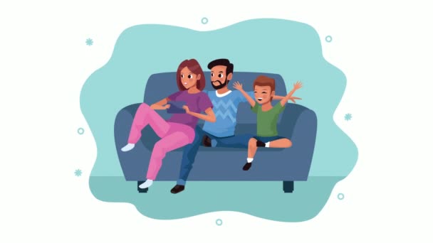 Parents and son in livingroom characters stay at home campaign — Stock Video