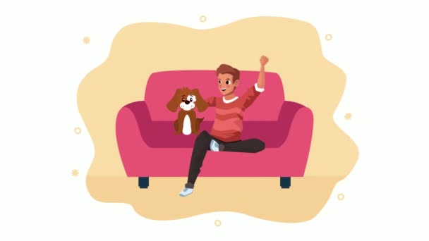 Joven con mascota de perro en sala de estar estancia en casa campaña — Vídeos de Stock
