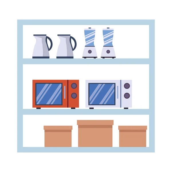 Étagères avec appareils de cuisine et boîtes carton — Image vectorielle