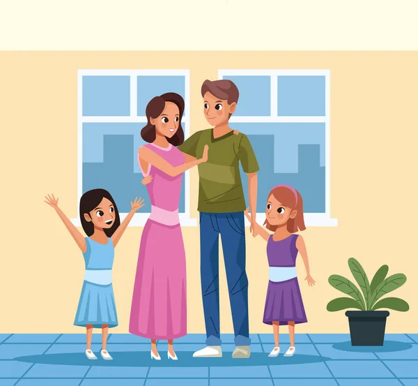 Parents couple and daughters Stay at Home family campaign — Stock Vector