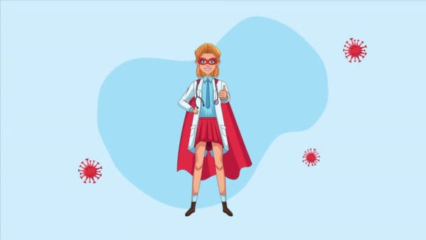 Feminino heroico super médico com covid19 partículas personagem animado — Vídeo de Stock