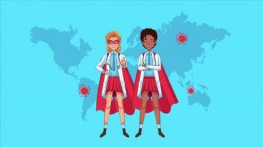 Dünya haritası olan kadın kahraman süper doktorlar karakterleri canlandırıyor.