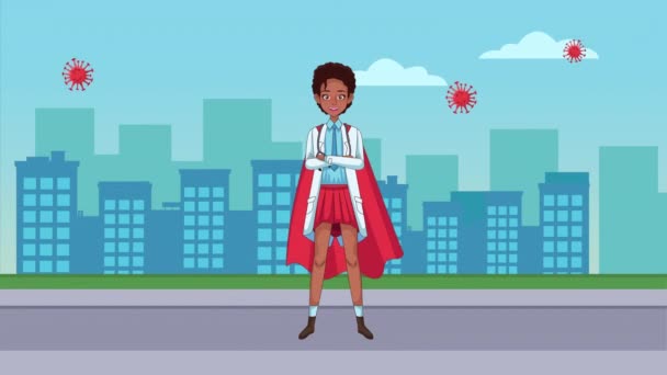 Afro hembra heroica super doctor en la ciudad personaje animado — Vídeo de stock