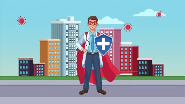 Heldenhafter Superarzt über den animierten Stadtcharakter — Stockvideo