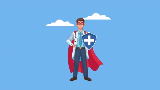 Heroico super doctor con escudo personaje animado — Vídeo de stock