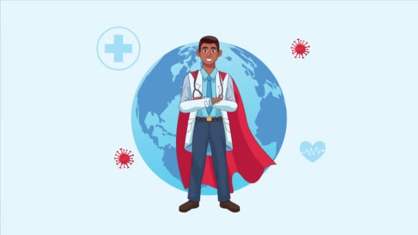 Heroic super afro doctor with earth planet character animated — Stock Video