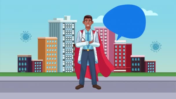 Героический супер афро-доктор на персонаже города анимирован — стоковое видео