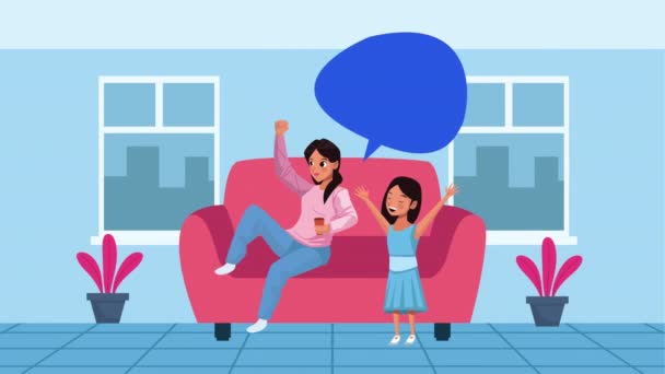 Anya és lánya a nappaliban karakterek maradnak otthon kampány — Stock videók
