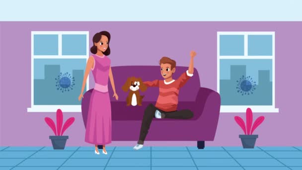 Jeune couple amoureux avec mascotte de chien dans le salon séjour à la maison campagne — Video