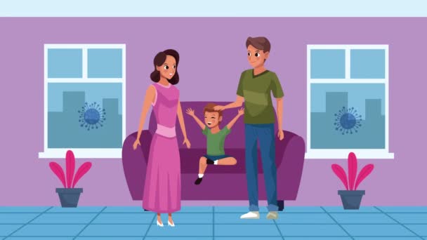 Ouders en zoon in de woonkamer personages blijven thuis campagne — Stockvideo