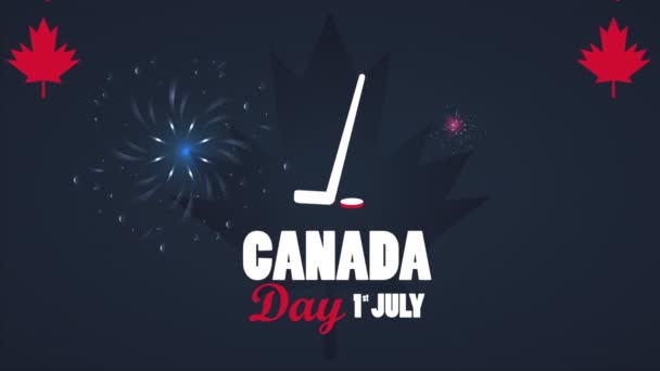 Щасливий день Канади святкування з написом і хокейним спортивним обладнанням — стокове відео