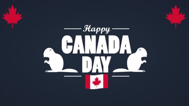 Χαρούμενη γιορτή ημέρας Καναδά με σημαία και κάστορες — Αρχείο Βίντεο