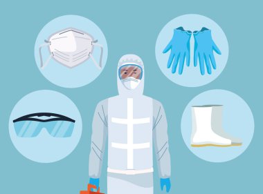 biosafety worker with equipment elements for covid19 protection clipart