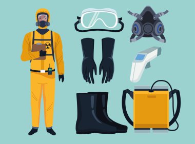 Kovid19 korunması için ekipman elemanları olan biyo-sosyal çalışan.