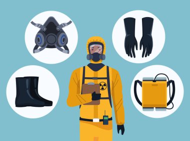 Kovid19 korunması için ekipman elemanları olan biyo-sosyal çalışan.