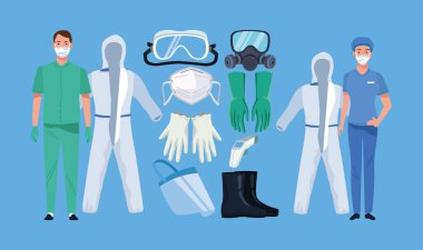 Kovid19 koruma için biyo-koruma ekipmanları olan doktorlar