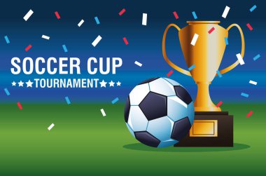 Futbol kupası posterinde balon ve kupa var.