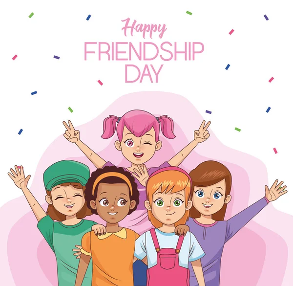 Feliz celebración del día de la amistad con el grupo de niños y confeti — Archivo Imágenes Vectoriales