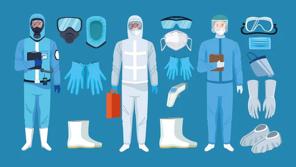 Doctors with biosafety equipment elements for covid19 protection — Stock Vector