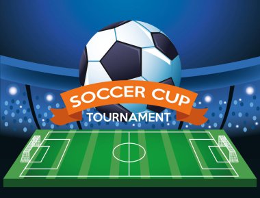 Futbol kupası posterinde balon ve futbol kampı var.