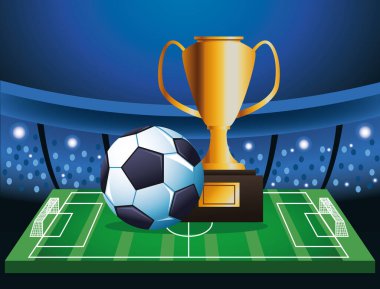 Futbol kupası posterinde balon ve kupa var.