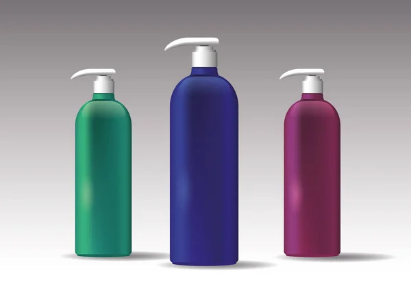 Set di bottiglie in plastica prodotti con erogatore push — Vettoriale Stock