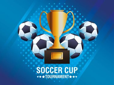 Futbol kupası ve balonlarla dolu bir turnuva posteri.