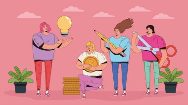 Finans kümesi simgeleri olan bir grup insan