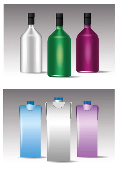 Ensemble de bouteilles en verre et tetrapak couleurs produits — Image vectorielle