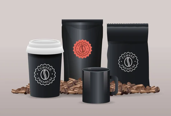 Conjunto de produtos de embalagens de café elegantes pretos com grãos — Vetor de Stock