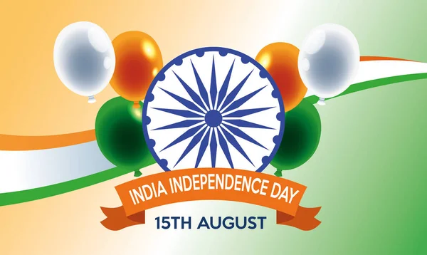 Ημέρα ανεξαρτησίας της Ινδίας εορτασμός με ashoka τσάκρα και μπαλόνια ήλιο — Διανυσματικό Αρχείο