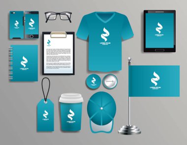 Kırtasiye şablonlarına sahip mavi elementler kümesi