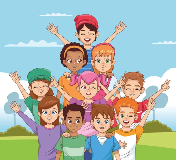 Happy friendship day celebration with group of kids in the park — Stock Vector