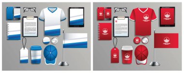 Kırtasiye şablonlarına sahip mavi ve kırmızı elementler kümesi