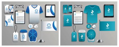 Kırtasiye şablonlarına sahip mavi ve beyaz ögeler kümesi