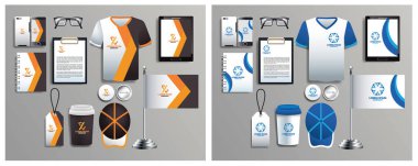 Kırtasiye şablonlarına sahip kahverengi ve mavi elementler kümesi