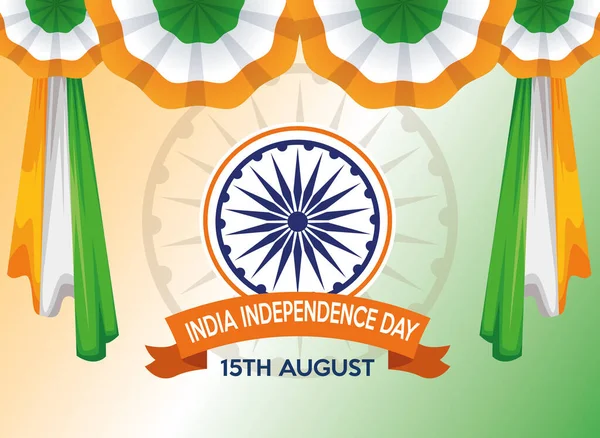 Ημέρα ανεξαρτησίας της Ινδίας εορτασμός με ashoka τσάκρα και σημαίες — Διανυσματικό Αρχείο