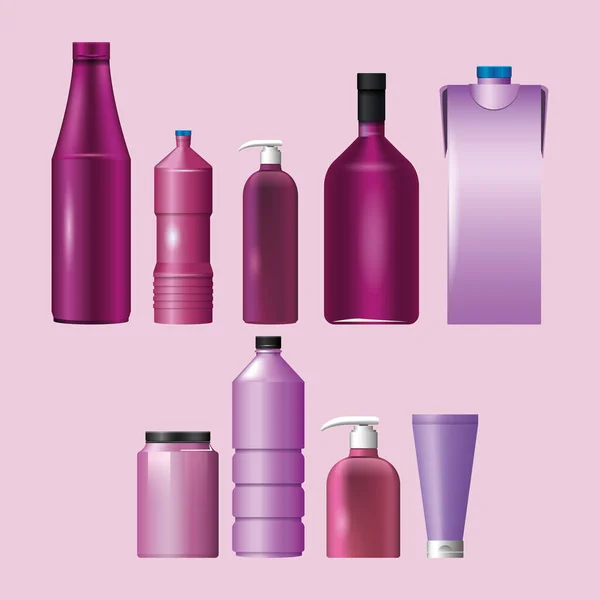 Conjunto de materiales y estilos botellas productos — Archivo Imágenes Vectoriales