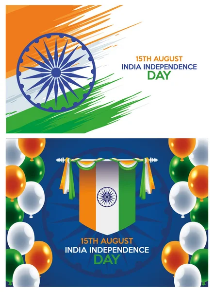 Празднование Дня независимости Индии с флагами и иконами — стоковый вектор