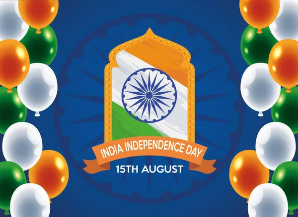 Празднование Дня независимости Индии с рамкой флага и воздушными шарами гелий — стоковый вектор