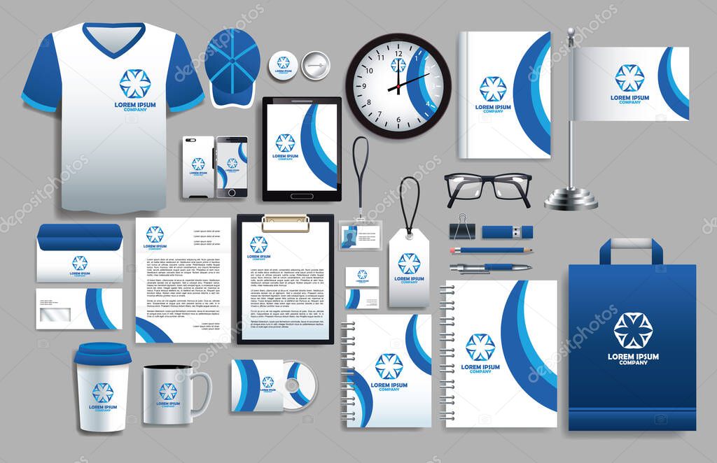 set of blue and white elements with stationery templates