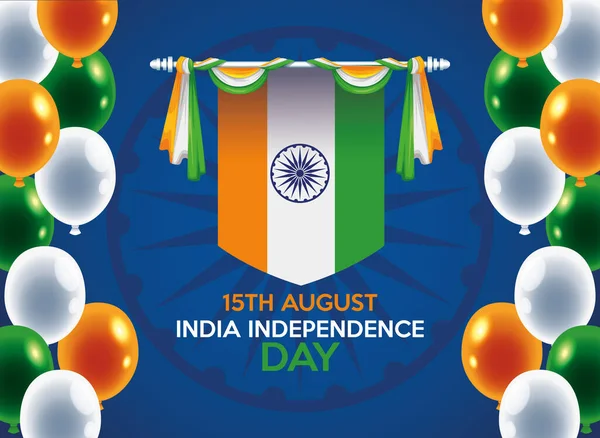 Празднование Дня независимости Индии с флагом и воздушными шарами гелий — стоковый вектор