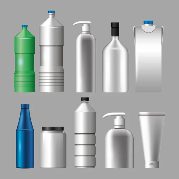 Conjunto de materiales y estilos botellas productos — Vector de stock