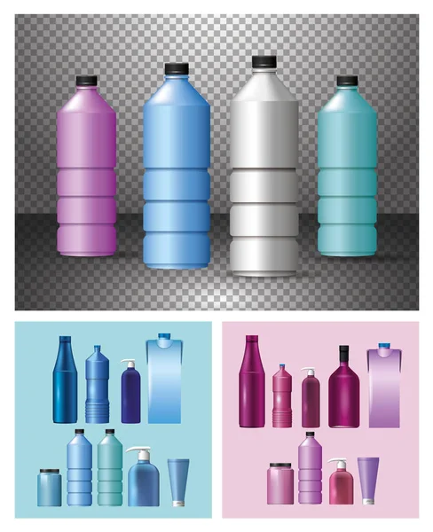 Conjunto de materiales y estilos botellas productos — Vector de stock