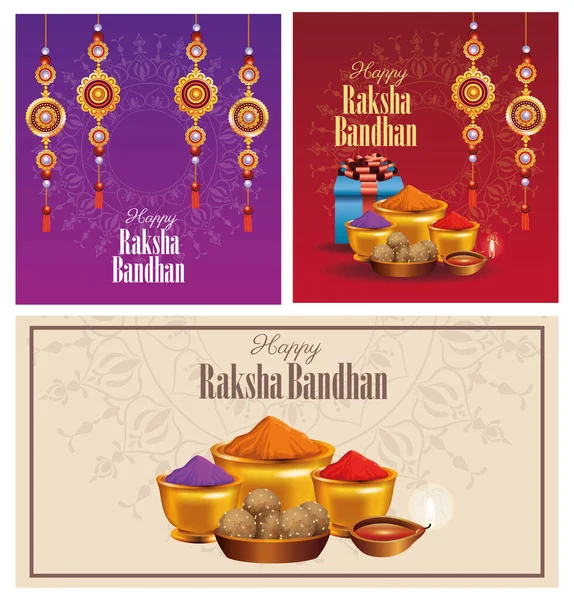 Happy raksha bandhan celebration with traditional set icons — Stock Vector