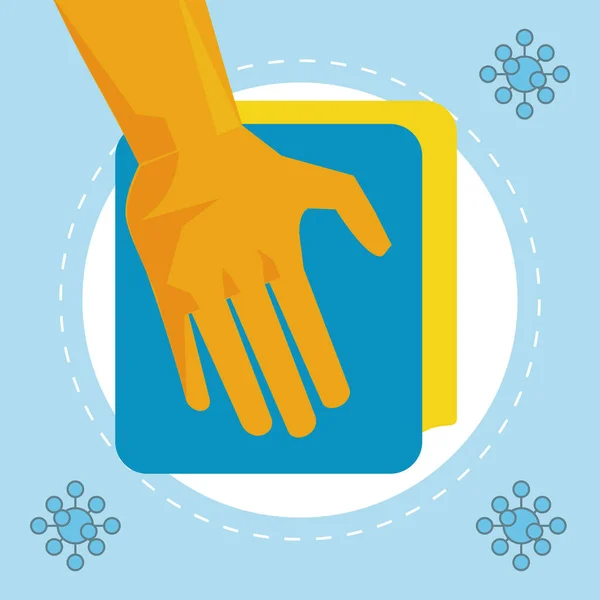 Desinfetar e limpar a atividade com a mão usando panos mais limpos —  Vetores de Stock