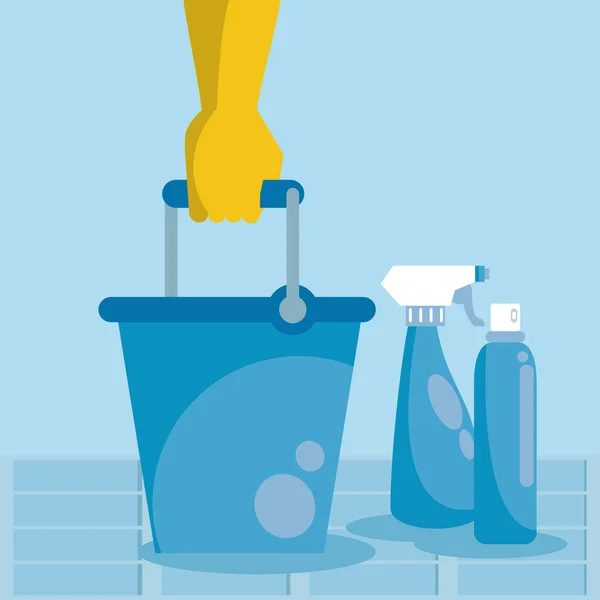 Désinfecter et nettoyer l'activité avec des bouteilles d'éclaboussure et un seau — Image vectorielle