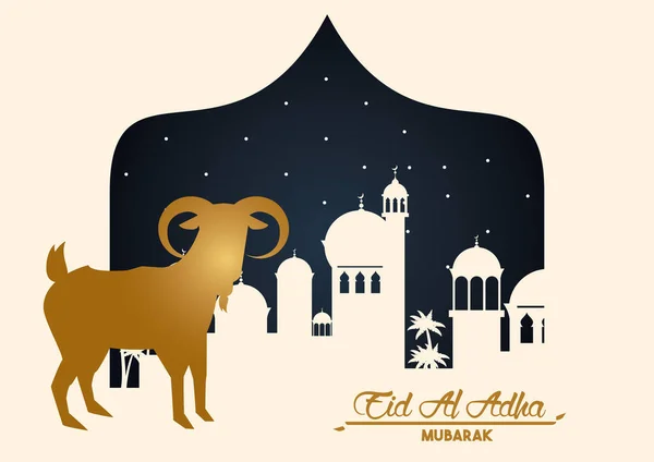 Tarjeta de celebración eid al adha con cabra dorada y paisaje urbano — Archivo Imágenes Vectoriales