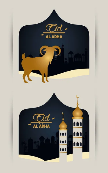 Eid al adha celebration card with golden goat and mosque towers — Stock Vector