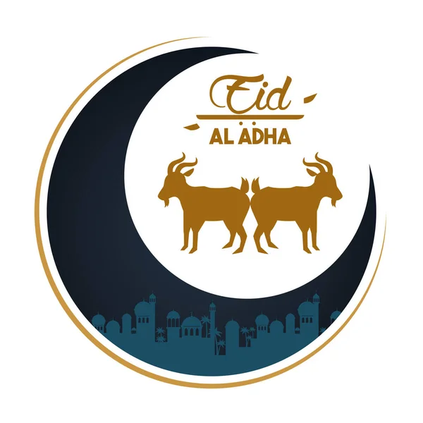 Eid al adha κάρτα εορτασμού με φεγγάρι και αρνιά — Διανυσματικό Αρχείο